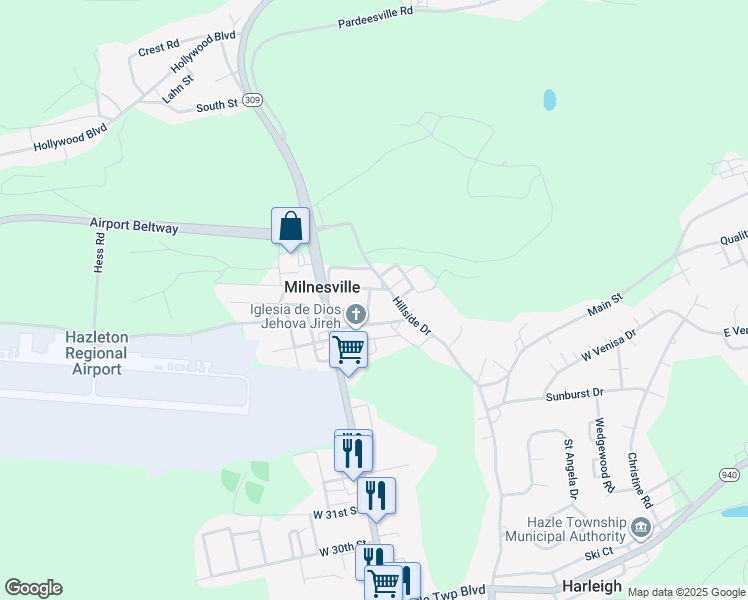 map of restaurants, bars, coffee shops, grocery stores, and more near 52 Hillside Drive in Hazleton