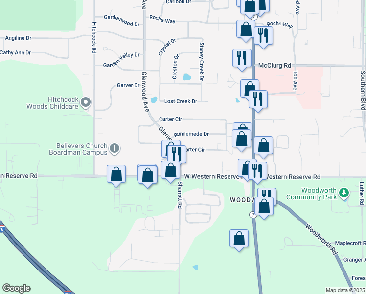 map of restaurants, bars, coffee shops, grocery stores, and more near 169 Runnemede Drive in Youngstown