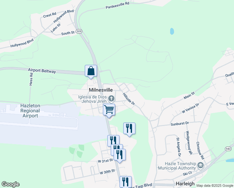 map of restaurants, bars, coffee shops, grocery stores, and more near 52 Hillside Drive in Hazleton