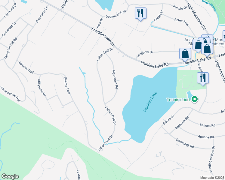 map of restaurants, bars, coffee shops, grocery stores, and more near 331 Indian Trail Drive in Franklin Lakes