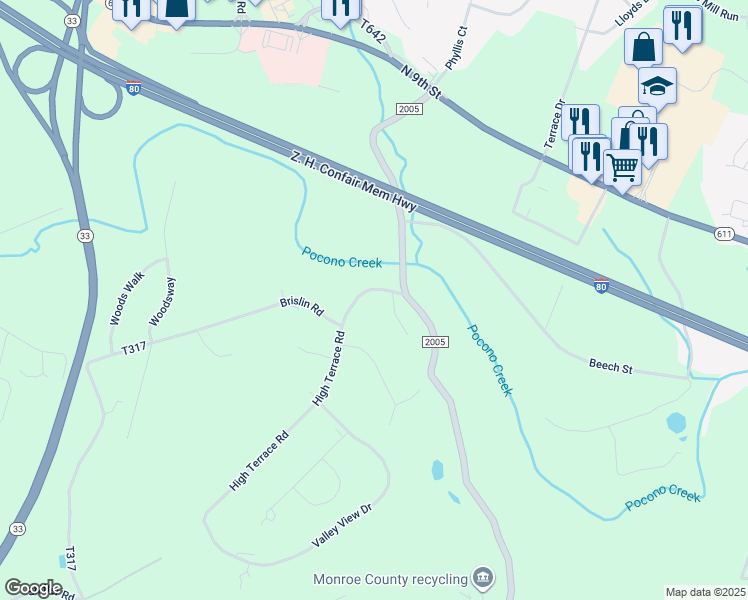 map of restaurants, bars, coffee shops, grocery stores, and more near 1305 Brislin Road in Stroudsburg
