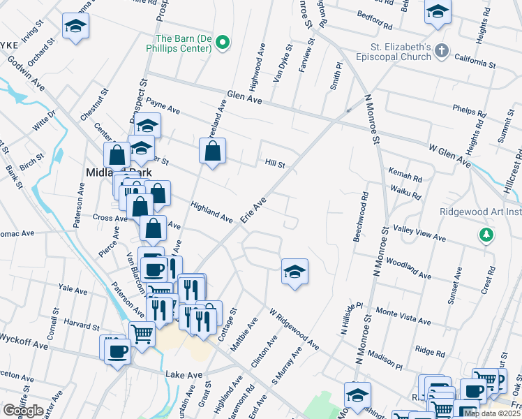 map of restaurants, bars, coffee shops, grocery stores, and more near 184 Erie Avenue in Midland Park