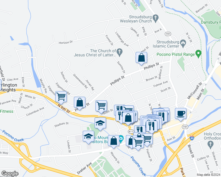 map of restaurants, bars, coffee shops, grocery stores, and more near 849 Phillips Street in Stroudsburg