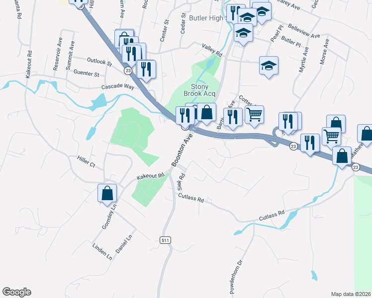 map of restaurants, bars, coffee shops, grocery stores, and more near 225 County Road 511 in Butler