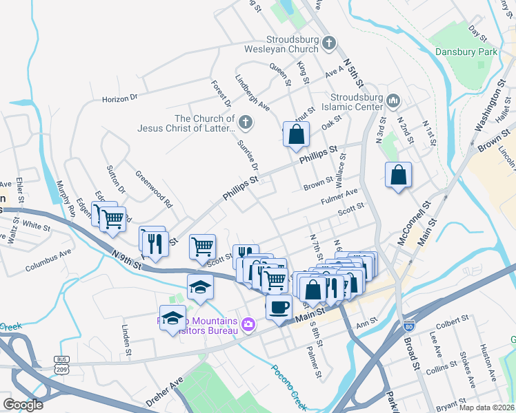 map of restaurants, bars, coffee shops, grocery stores, and more near 463 North 8th Street in Stroudsburg