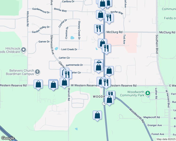 map of restaurants, bars, coffee shops, grocery stores, and more near 125 Runnemede Drive in Youngstown
