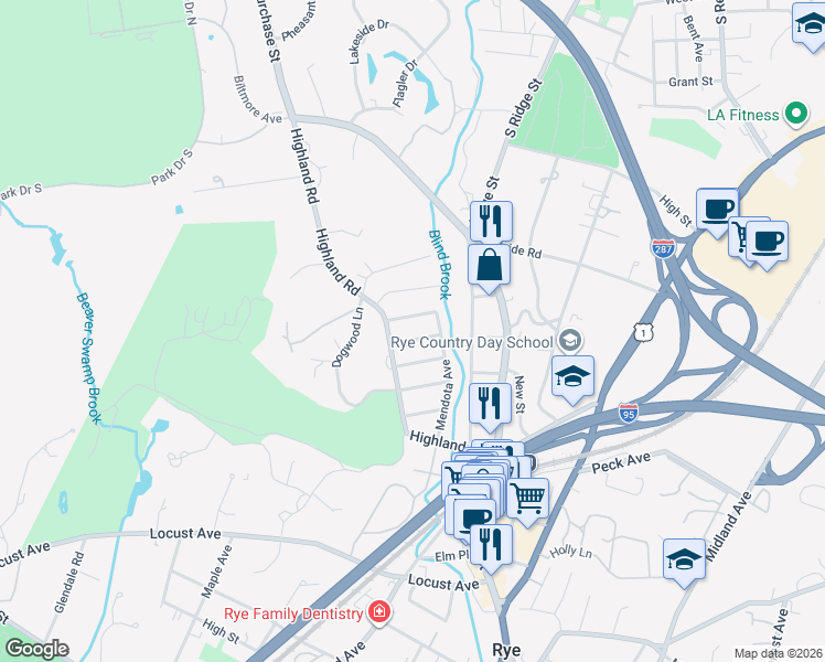 map of restaurants, bars, coffee shops, grocery stores, and more near 19 Oneida Street in Rye