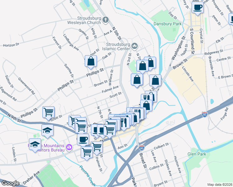 map of restaurants, bars, coffee shops, grocery stores, and more near 515 Fulmer Avenue in Stroudsburg