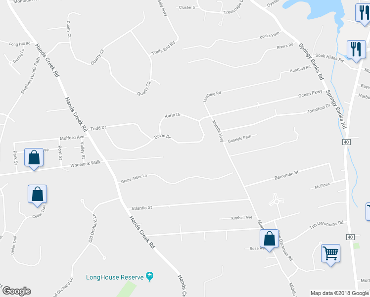 map of restaurants, bars, coffee shops, grocery stores, and more near 33 Diane Drive in East Hampton