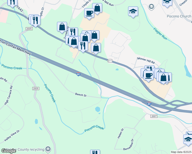 map of restaurants, bars, coffee shops, grocery stores, and more near 339 White Stone Corner Road in Stroudsburg
