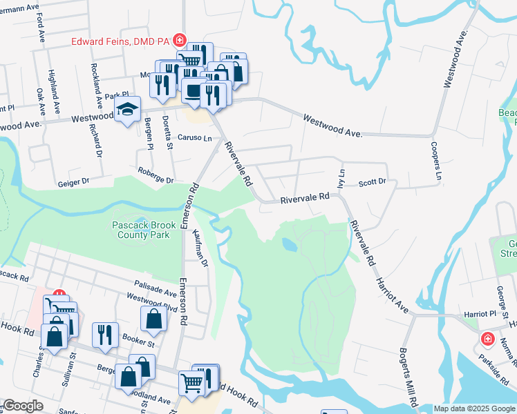 map of restaurants, bars, coffee shops, grocery stores, and more near 114 Rivervale Road in River Vale