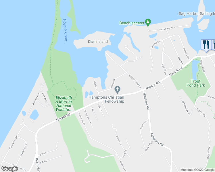 map of restaurants, bars, coffee shops, grocery stores, and more near 17 Dumar Drive in Sag Harbor