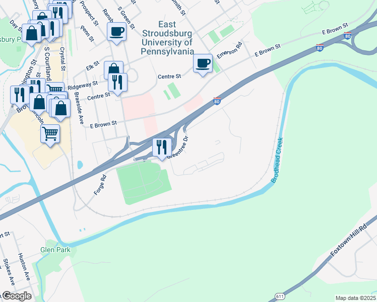 map of restaurants, bars, coffee shops, grocery stores, and more near 112 Eaglesmere Circle in East Stroudsburg