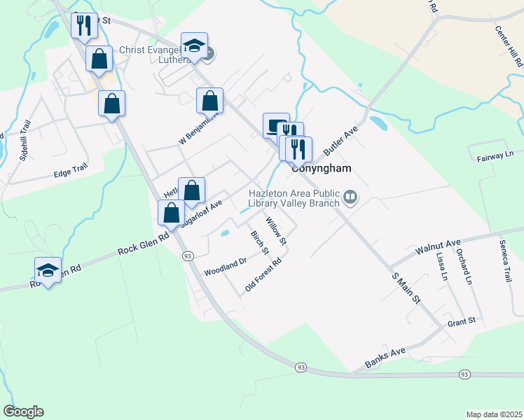 map of restaurants, bars, coffee shops, grocery stores, and more near Maple Avenue in Conyngham