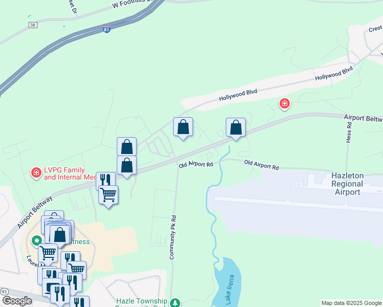 map of restaurants, bars, coffee shops, grocery stores, and more near Airport Beltway in Luzerne County