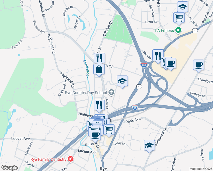 map of restaurants, bars, coffee shops, grocery stores, and more near 20 Elizabeth Street in Rye