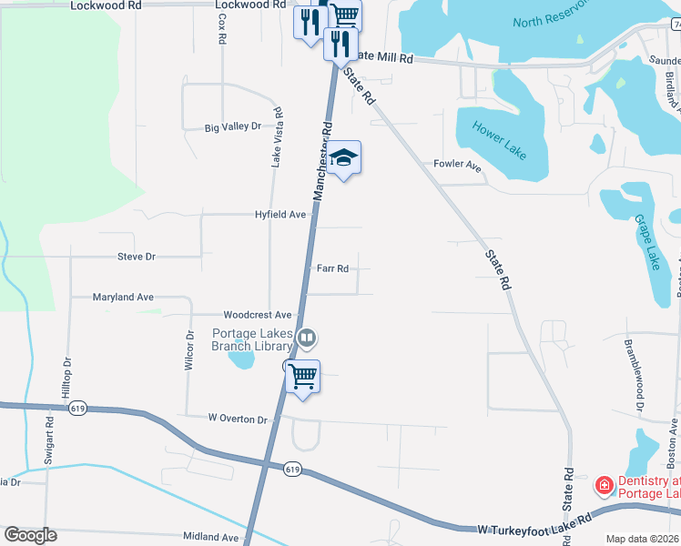 map of restaurants, bars, coffee shops, grocery stores, and more near 993 Farr Road in Akron