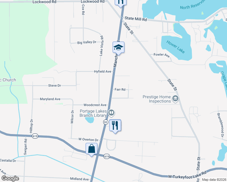 map of restaurants, bars, coffee shops, grocery stores, and more near 1009 Farr Road in Akron