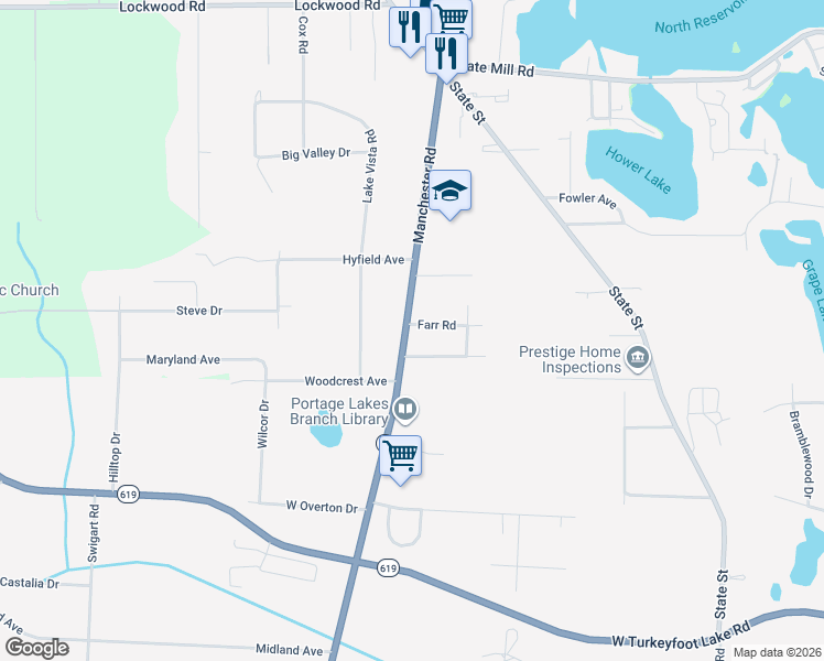 map of restaurants, bars, coffee shops, grocery stores, and more near 1009 Farr Road in Akron