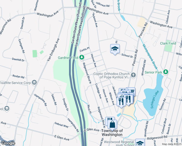 map of restaurants, bars, coffee shops, grocery stores, and more near 982 Ridgewood Boulevard East in Township of Washington