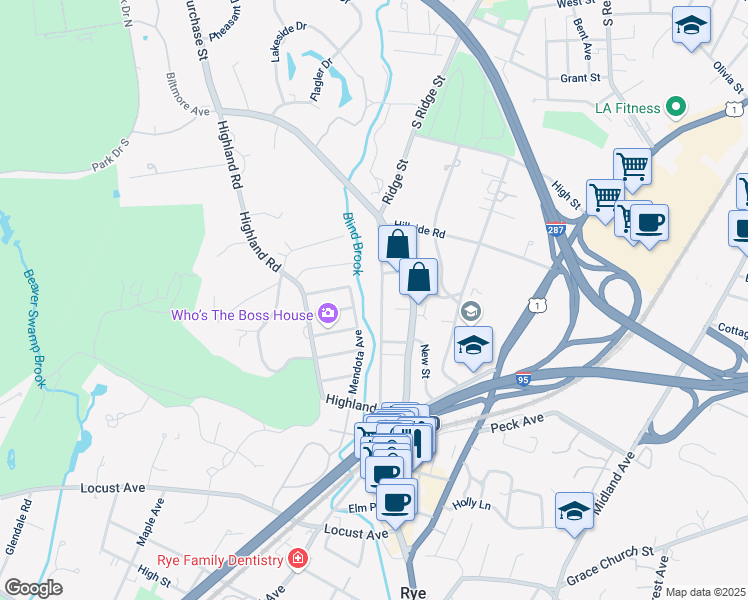 map of restaurants, bars, coffee shops, grocery stores, and more near 85 Wappanocca Avenue in Rye