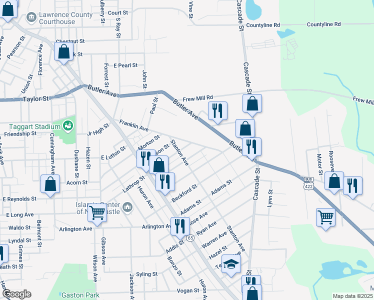 map of restaurants, bars, coffee shops, grocery stores, and more near 1008 Marshall Avenue in New Castle