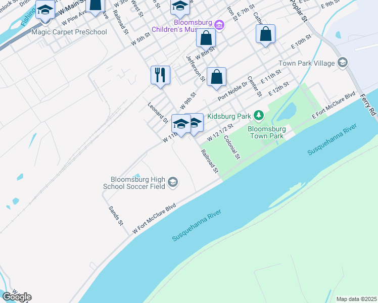 map of restaurants, bars, coffee shops, grocery stores, and more near 1200 Railroad Street in Bloomsburg