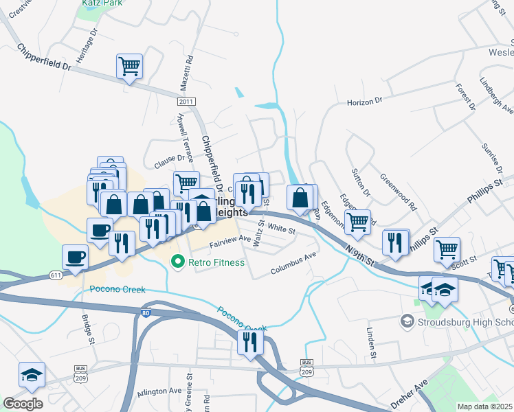 map of restaurants, bars, coffee shops, grocery stores, and more near 914 North 9th Street in Stroudsburg