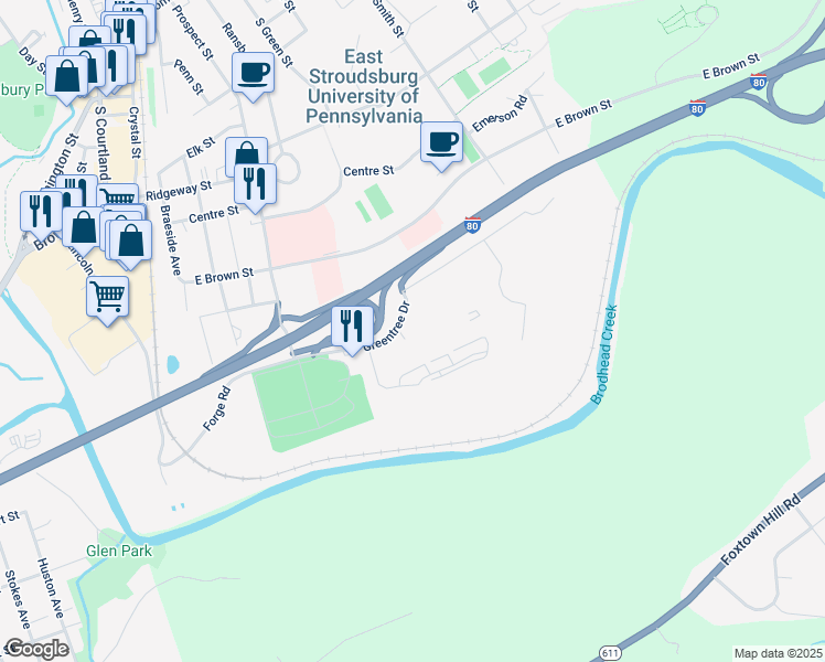 map of restaurants, bars, coffee shops, grocery stores, and more near 112 Eaglesmere Circle in East Stroudsburg