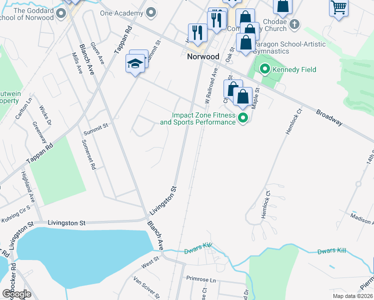 map of restaurants, bars, coffee shops, grocery stores, and more near 236 Livingston Street in Norwood