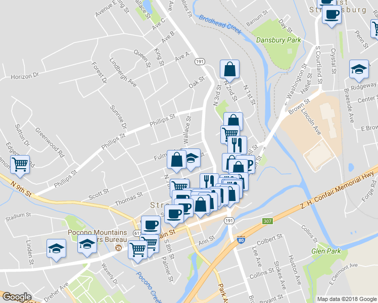 map of restaurants, bars, coffee shops, grocery stores, and more near 310 Wallace Street in Stroudsburg
