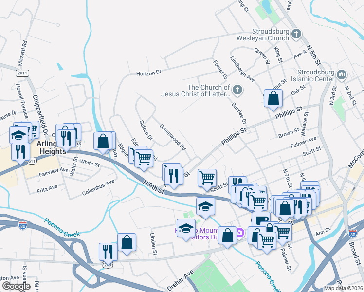 map of restaurants, bars, coffee shops, grocery stores, and more near 1101-1199 Greenwood Rd in Stroudsburg