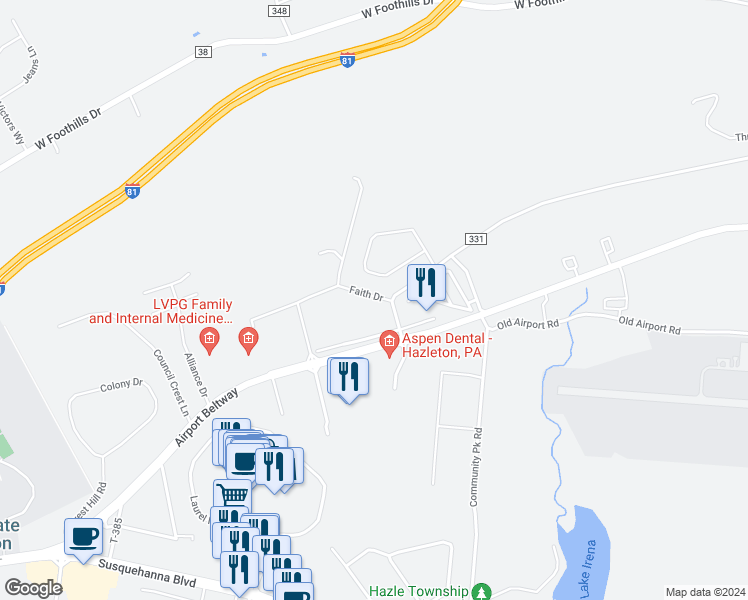 map of restaurants, bars, coffee shops, grocery stores, and more near 159 Woodcrest Boulevard in Luzerne County