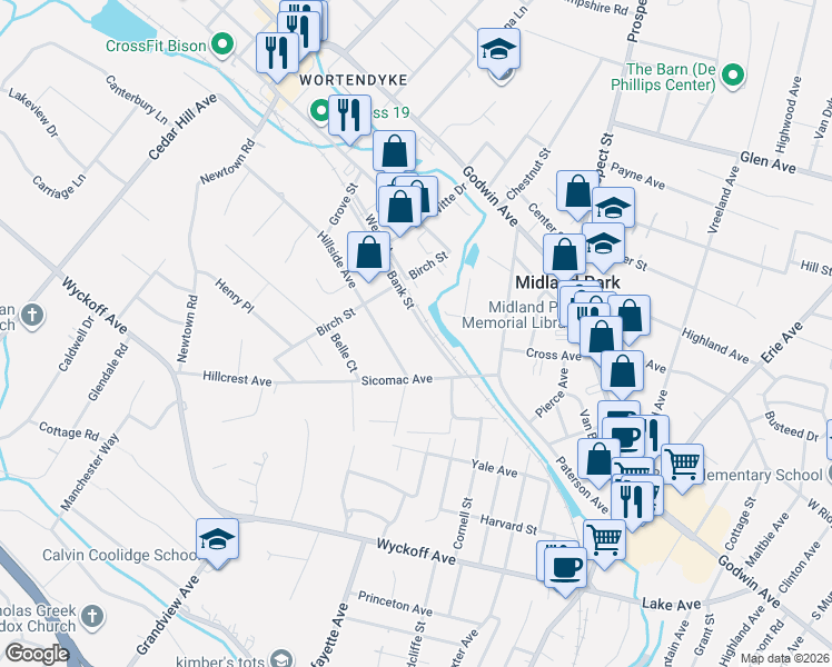 map of restaurants, bars, coffee shops, grocery stores, and more near 62 Bank Street in Midland Park