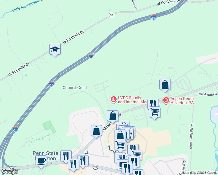 map of restaurants, bars, coffee shops, grocery stores, and more near Thomas Lane in Hazleton