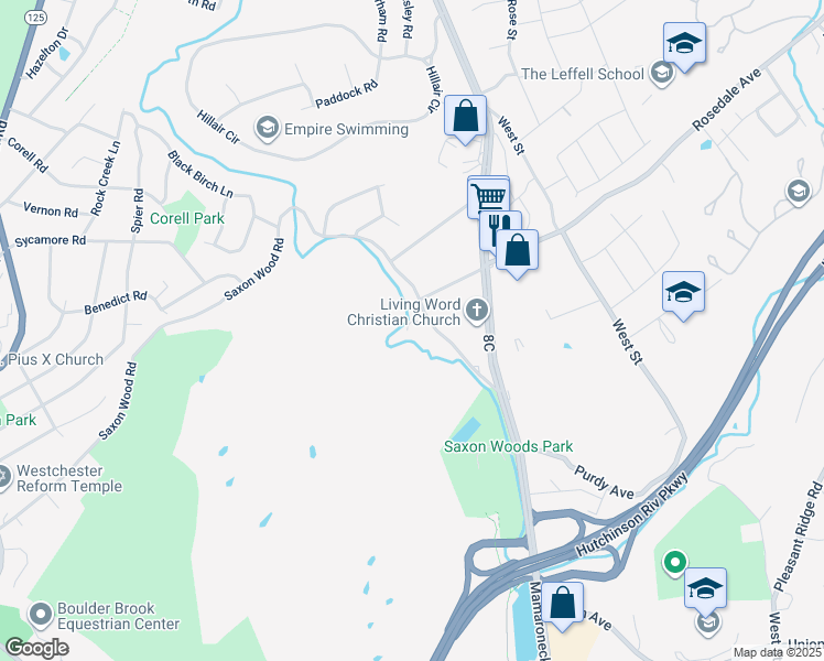 map of restaurants, bars, coffee shops, grocery stores, and more near 41 Saxon Woods Road in White Plains
