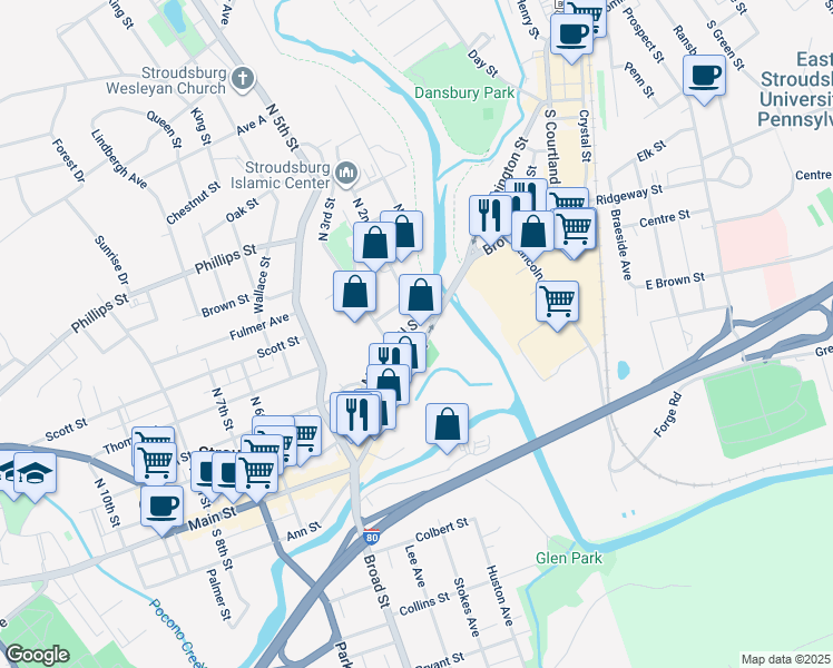 map of restaurants, bars, coffee shops, grocery stores, and more near 212 Main Street in Stroudsburg
