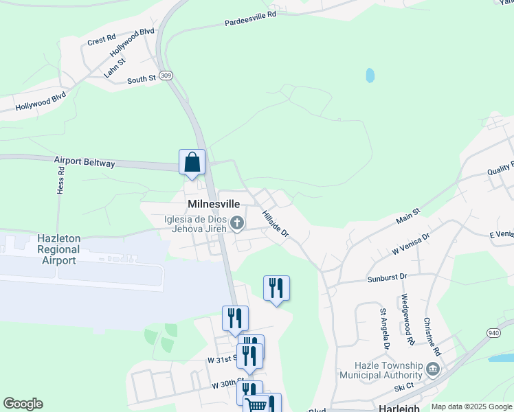 map of restaurants, bars, coffee shops, grocery stores, and more near 324 Main Street in Milnesville