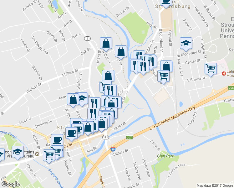 map of restaurants, bars, coffee shops, grocery stores, and more near 100 McConnell Street in Stroudsburg