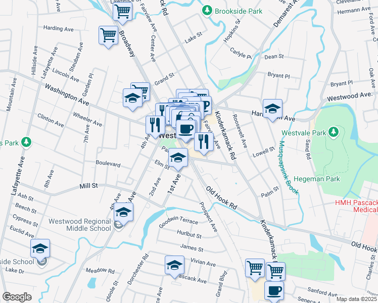 map of restaurants, bars, coffee shops, grocery stores, and more near in Westwood