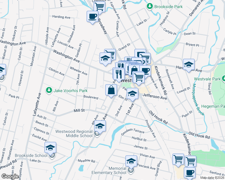 map of restaurants, bars, coffee shops, grocery stores, and more near 110 Elm Street in Westwood