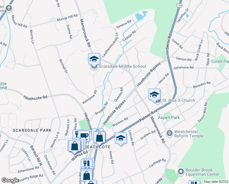 map of restaurants, bars, coffee shops, grocery stores, and more near 62 Brookby Road in Scarsdale