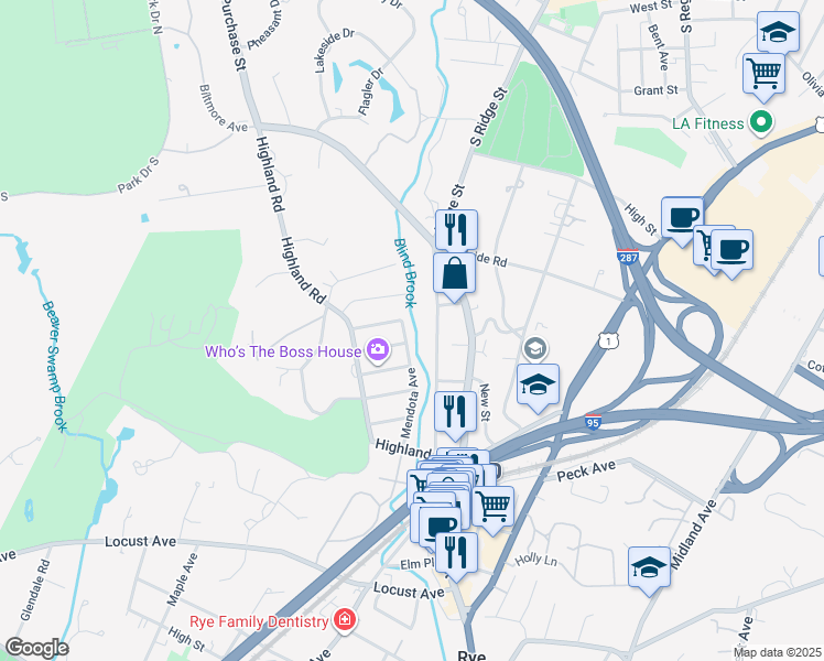 map of restaurants, bars, coffee shops, grocery stores, and more near 122 Mendota Avenue in Rye