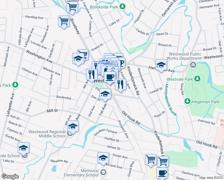 map of restaurants, bars, coffee shops, grocery stores, and more near 313 Broadway in Westwood