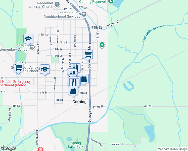 map of restaurants, bars, coffee shops, grocery stores, and more near 206 8th Street in Corning