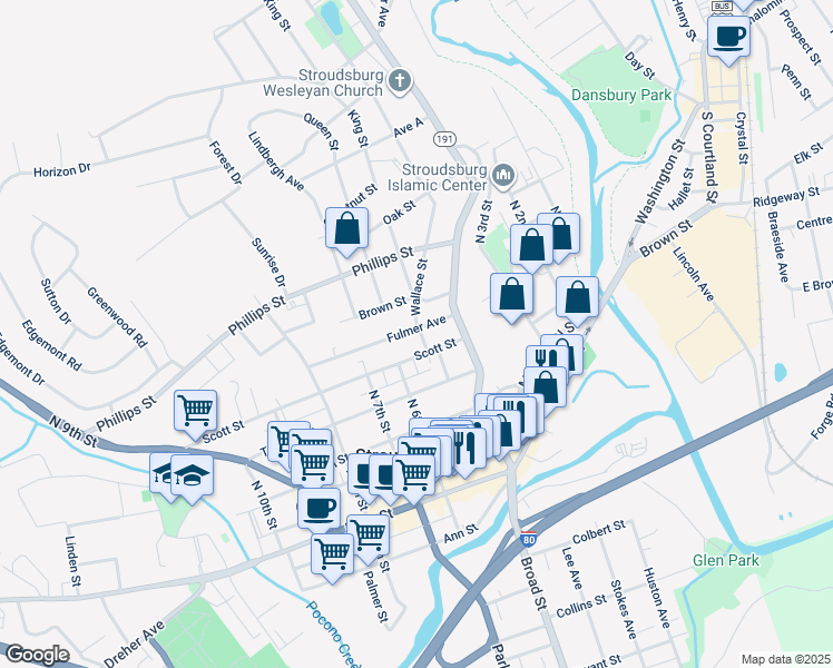 map of restaurants, bars, coffee shops, grocery stores, and more near 307 Wallace Street in Stroudsburg
