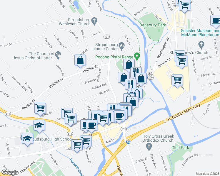 map of restaurants, bars, coffee shops, grocery stores, and more near 500 Scott Street in Stroudsburg