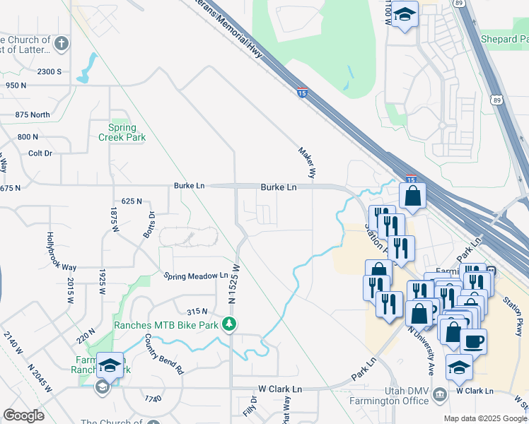 map of restaurants, bars, coffee shops, grocery stores, and more near 1451 Burke Lane in Farmington