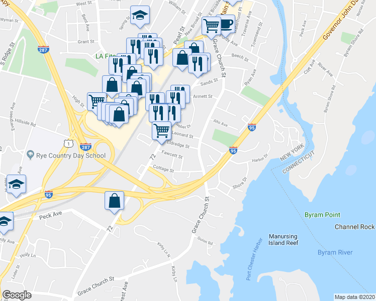 map of restaurants, bars, coffee shops, grocery stores, and more near 20 Eldredge Street in Port Chester