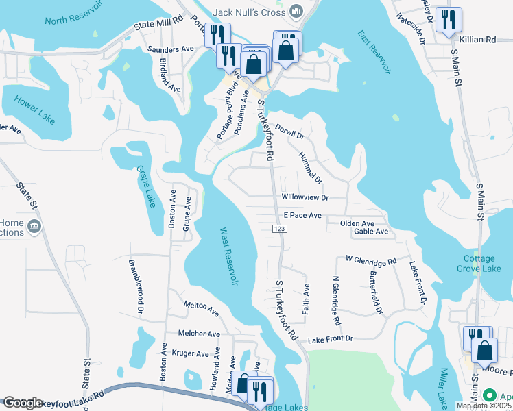 map of restaurants, bars, coffee shops, grocery stores, and more near 420 West Willowview Drive in Akron